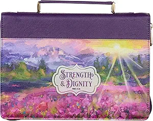 hristian Art Gifts Fashion Bible Cover Strength and Dignity Scenic Floral Proverbs 31:25 Faux Leather, Purple, Large